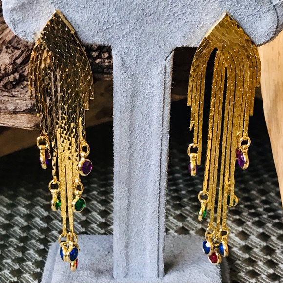 Vintage 80’s Costume Gold Tone Cascading Tassel Fringe 3 Inch Post Earrings - Picture 7 of 12